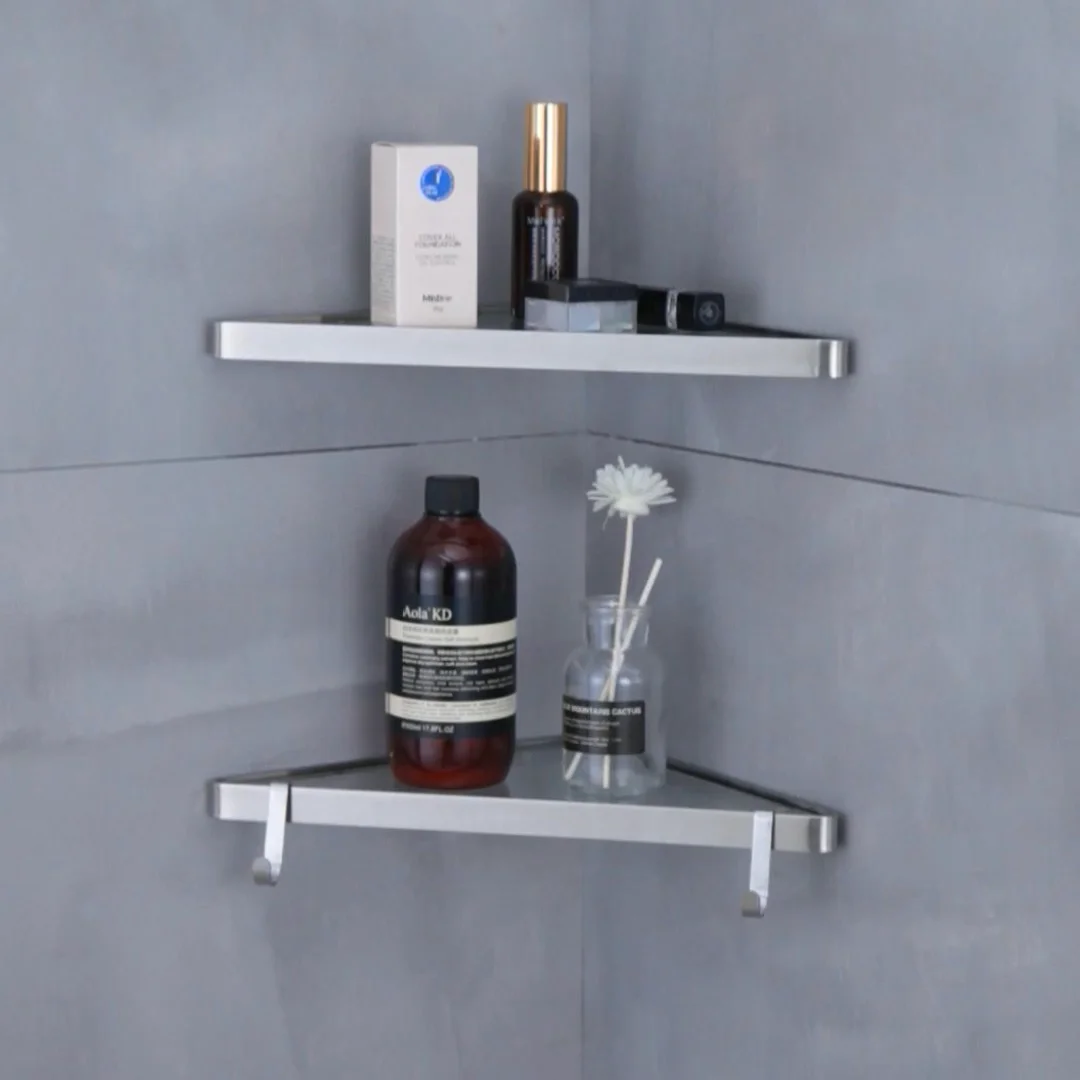 Home Glass Bathroom Accessories Corner Shelf Holder With Tempered Black Wall Stainless Steel