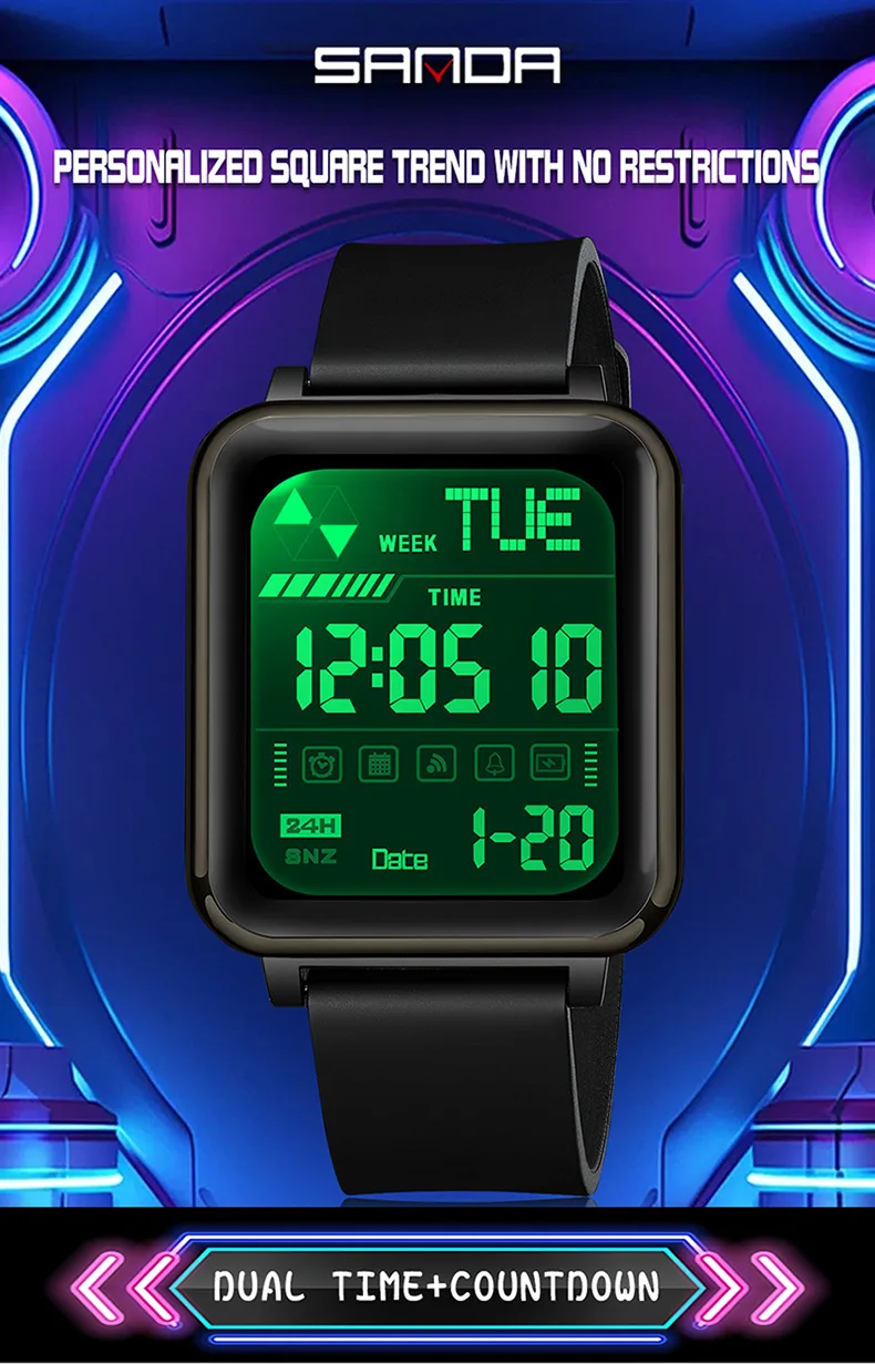 Sanda 6159 Square Stopwatch Multifunctional Waterproof Digital Sports Watch for Men