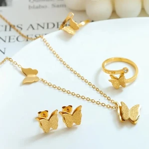 Gold Plated Stainless Steel Trendy Link Chain Butterfly Necklace Earrings Rings Set for Women Anniversary Luxury Jewelry