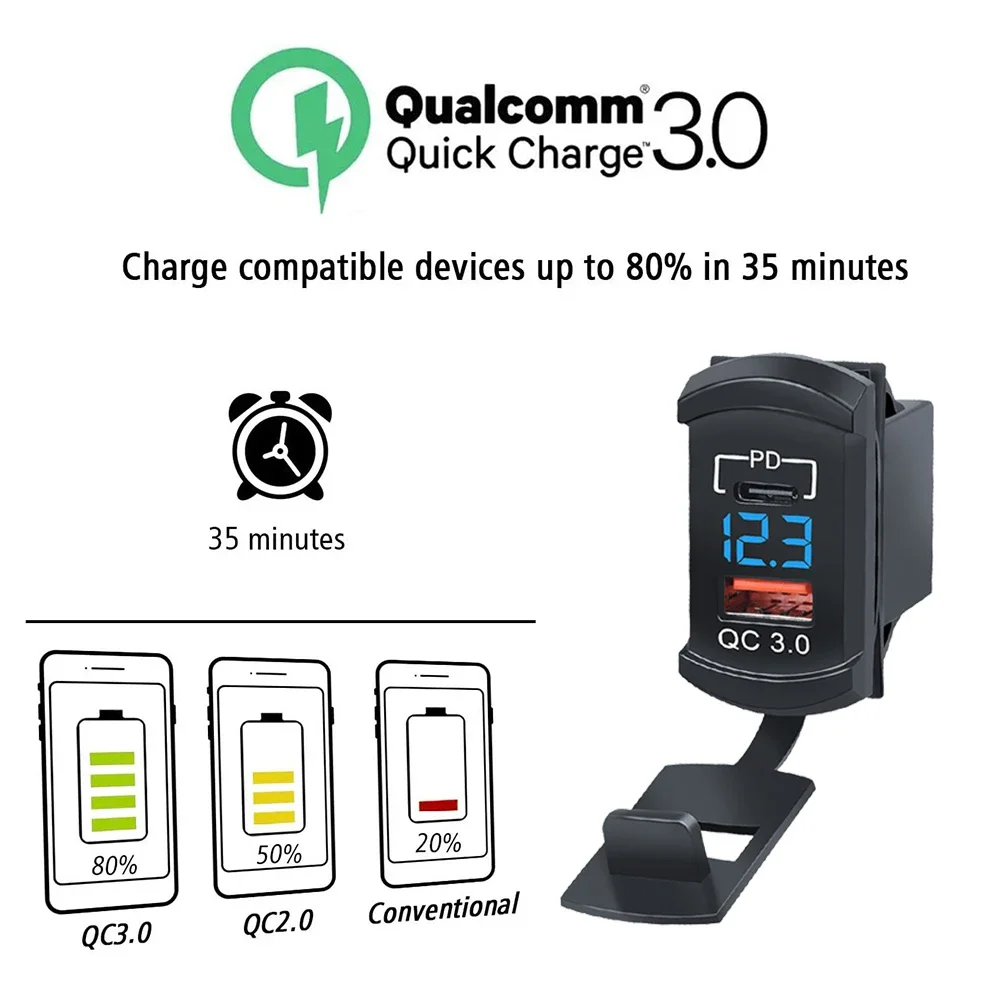 Prise De Chargeur USB C 48W, 12V/24V PD&QC 3.0 Avec Voltmètre à LED Et Interrupteur Marche Arret - Foto 4