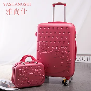 Hot Selling 20inch Hello KT Boarding Trolley Case 14inch Makeup Cosmetic Case Cartoon Suitcase Travel Luggage Case