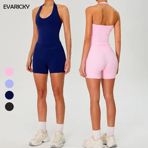 Evaricky 2-Piece Breathable Solid Gym Fitness Yoga Set Running Workout Butt Lift Shorts Halter Neck Tank Top Fashionable