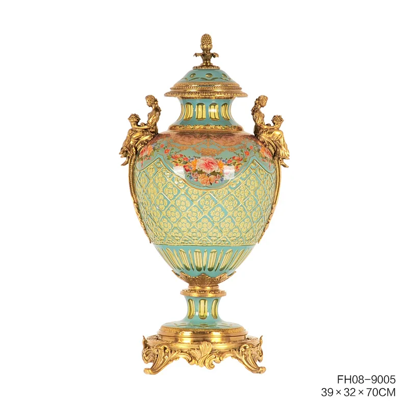 Зеленые стеклянные части из латуни золотого цвета с дизайнерской вазой для гостиной красивое украшение