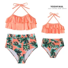 YOEHYAUL Parent-child Floral Split High Waist Ruffle Swimsuit Women Two-piece Young Girl Summer Swimwear Beachwear Kid Bikini