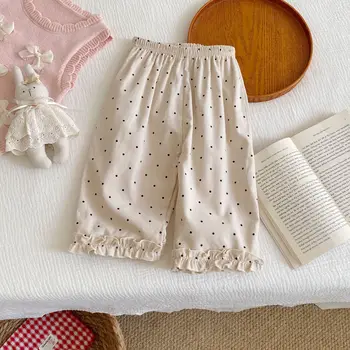 New Spring and Autumn Baby Girls' Pants Cotton Polka Dot Print Korean Style Lace Trim Wide-leg Straight Kids Pants