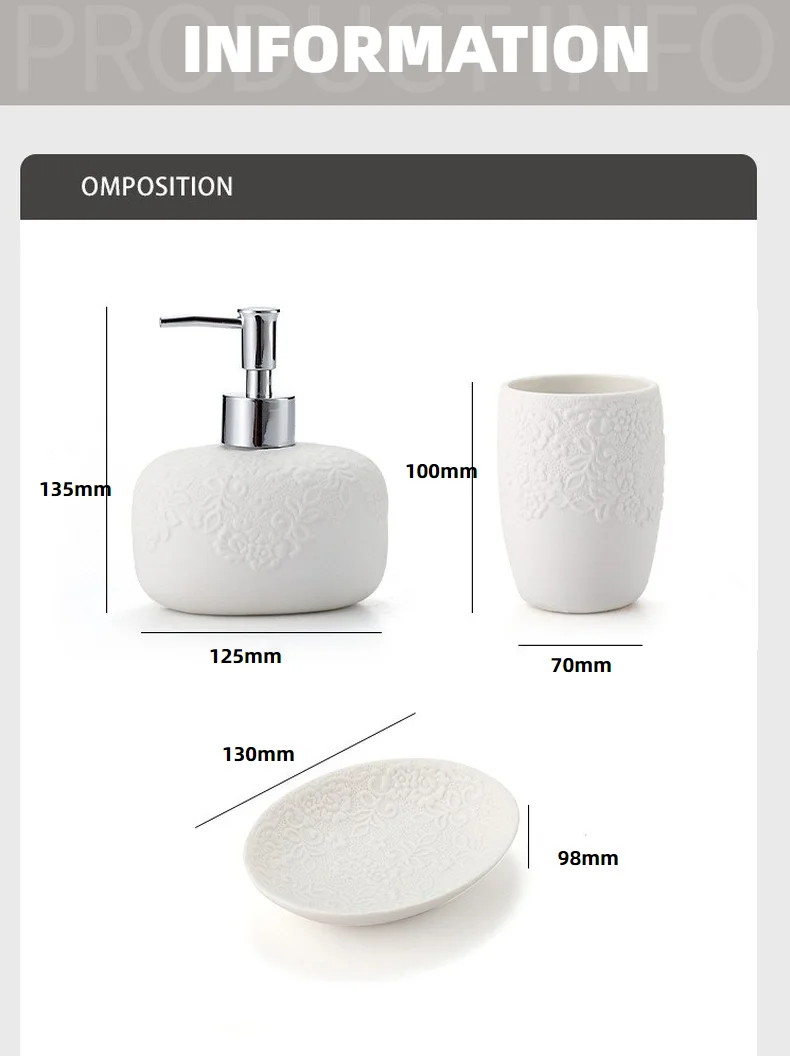 Ceramic White Bathroom Accessories Set With Embossed Design 4pcs