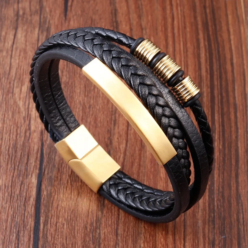 Men's Genuine Leather Bracelet - Gold Plated Stainless Steel
