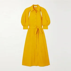 Clothing Manufacturer Custom Spring Autumn Yellow Polo Collar Long Sleeve Elegant Casual Women Shirt Satin Dress