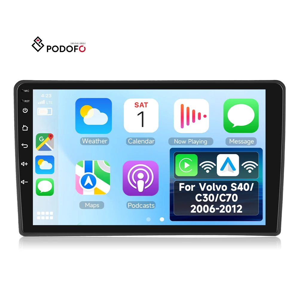 Podofo für Volvo S40/C30/C70 2006-2012 9-Zoll 4+64G Autoradio mit kabelloser CarPlay/Android Auto-Funktion, WLAN und GPS, OEM/ODM-Lieferant A8505A3662/A8505