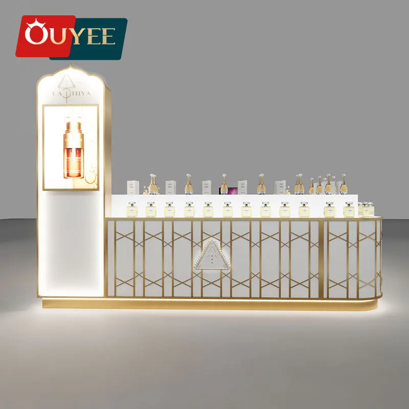 High End Customized Perfume Shop Design Showcase Fragrance Display Counter Gold Stainless Steel Mall Perfume Kiosk With Lighting