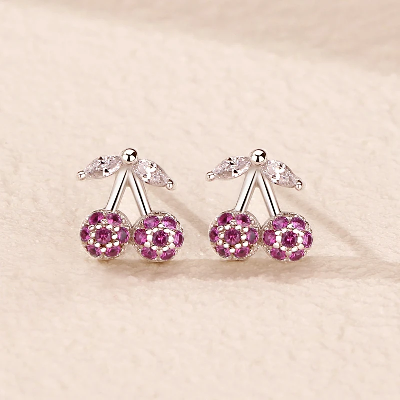 Factory Direct Sales Summer Cherry Design 925 Sterling Silver Women Fashion Small Earring Stud Jewel(图4)