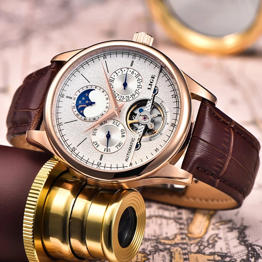 LIGE 6826 Automatic Tourbillon Skeleton Watch Men Calendar Relogio Masculino Drop Shipping  Mechanical Watch