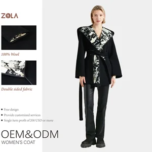 Women's Winter Wool Coats Short Straight Fashionable Casual Outerwear Hood Black Belt Closure Woven Fabric Designed Plain Dyed