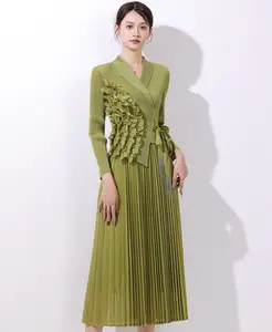 European-style Plus-size Dress with A-line Petal Design and Miyake Pleated Dress