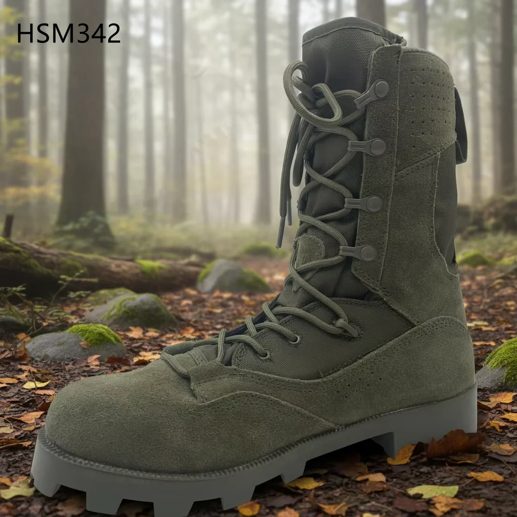 HY,Indonesia Popular High-Traction Rubber Sole Marching Boots Harsh Environment Anti-rip Suede Leather Green Combat Boots HSM342