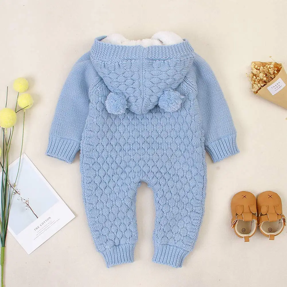 2021 Winter Baby Hooded Knitted Rompers Newborn Girls' Boys' Warm