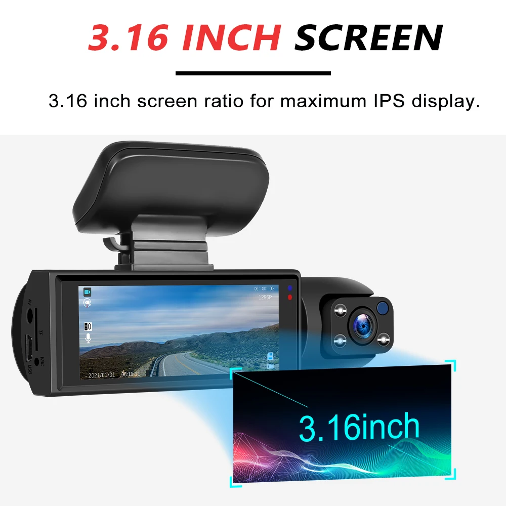 Podofo 3.16'' Dual Lens Dash Cam Hd 1080p Car Video Recorder Parking