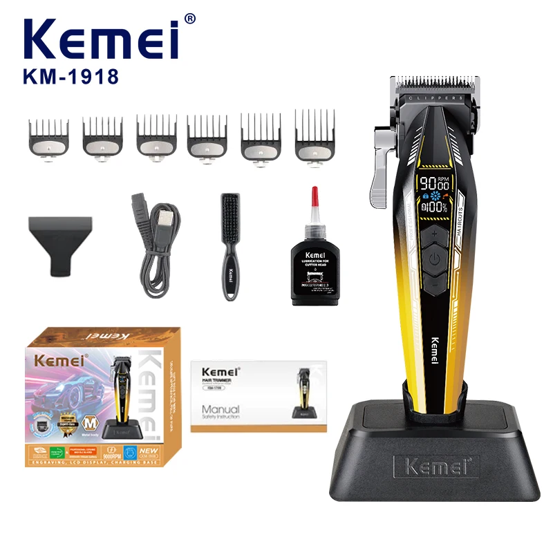 Tondeuse pour salon KEMEI KM-1918 – Lame en métallurgie des poudres tournant à 9000 tr/min – Batterie puissante de 3000 mAh – Station de charge incluse – Machine à couper les cheveux – Vente en vrac