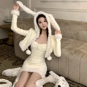 Apricot Party Ball Gown Set with a Bunny Ear Hooded Jacket and a Fitted Strapless Dress Creates a Cute for Festive Events