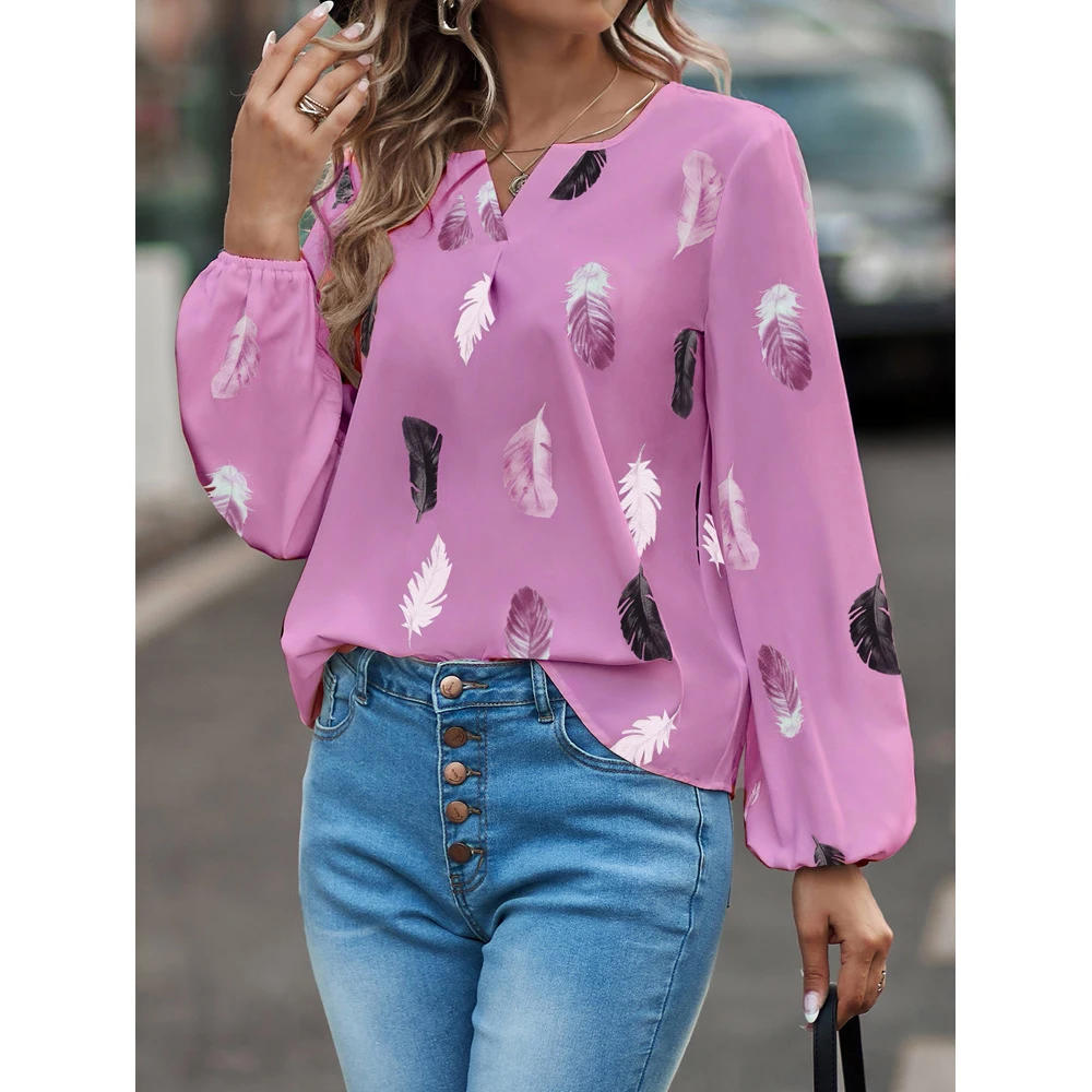 Shop Spring/summer V-Neck Feather Print Bat Sleeve T-shirts