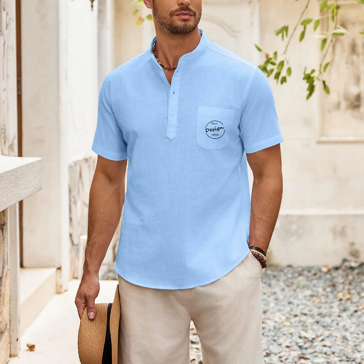 Wholesale 100% Cotton Linen Men Henrly Collar Basic Tee Shirt Casual Breathable Gym Workout T Shirt for Men High Quality Brand