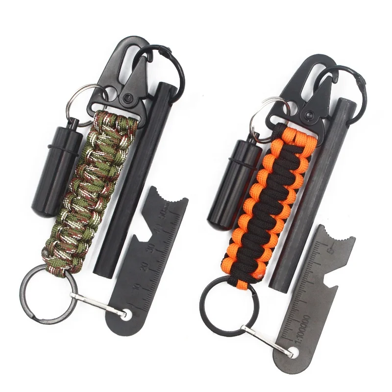 EDC Outdoor Survival Paracord Keychain Kit with Fire Starter Rod Waterproof Capsule Tinder