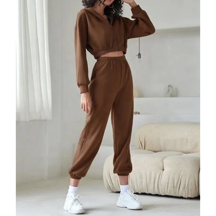 F230100 Custom Hoodies Solid Color Custom 3 Piece Crop Top Jogger Set 2025 Three Piece Zipper Hoodie Set Lounge Wear Sets Women