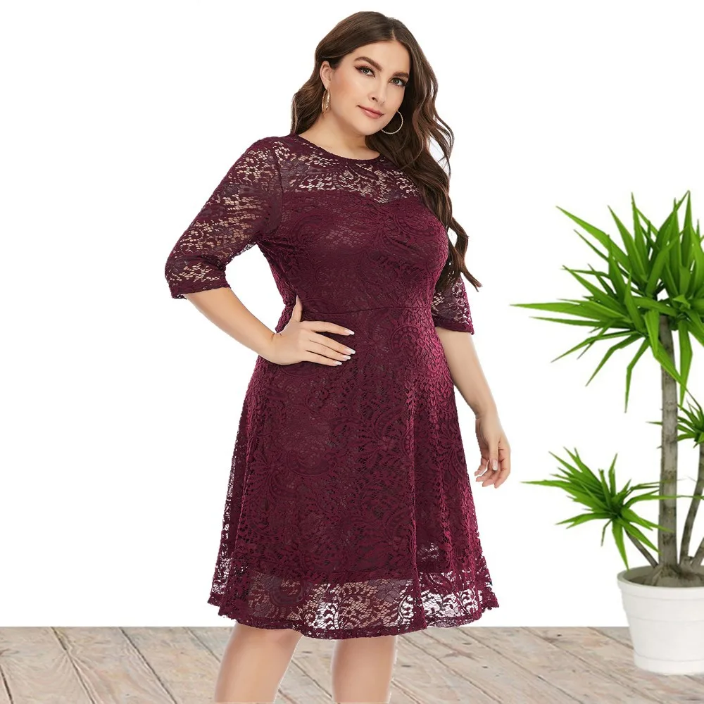 Women's Summer Casual Sexy Dresses High Waist Hollow Lace O-Neck Party Skirt with Short Sleeves Robe De Soiree in Larger Sizes Women's Summer Casual Sexy Dresses High Waist Hollow Lace O-Neck Party Skirt with Short Sleeves Robe De Soiree in Larger Sizes