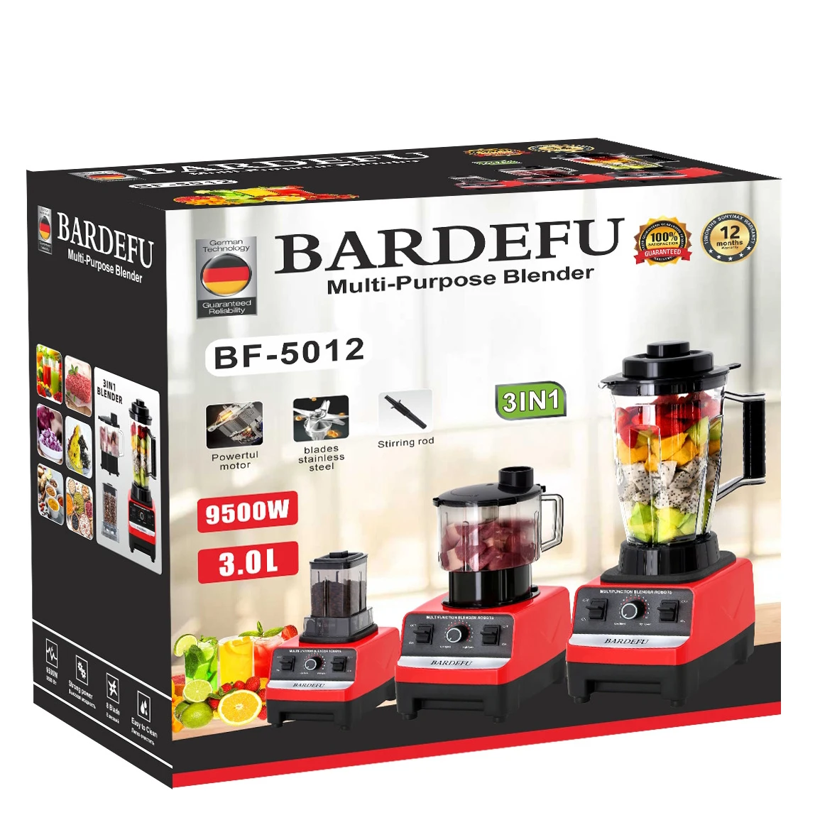 Multifunctional 3 in 1 9500w Professional Heavy Duty Commercial Mixer Smoothie Juicer Food Processor Silver Crest Blender
