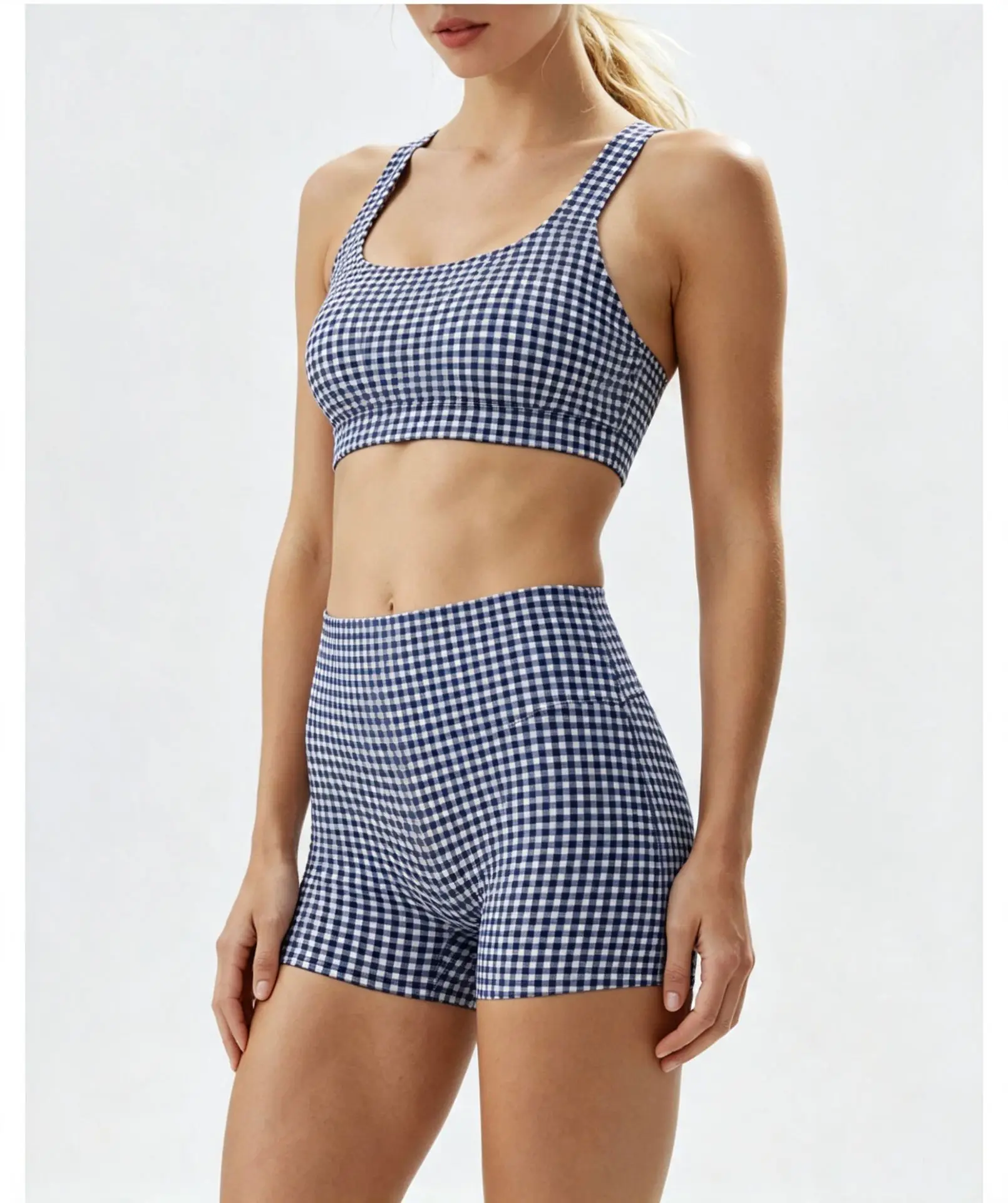 Womens Checkered Yoga Set Racerback Padded Sports Vest High Waist Shorts Quick Dry Stretch Fitness Outfit — detail