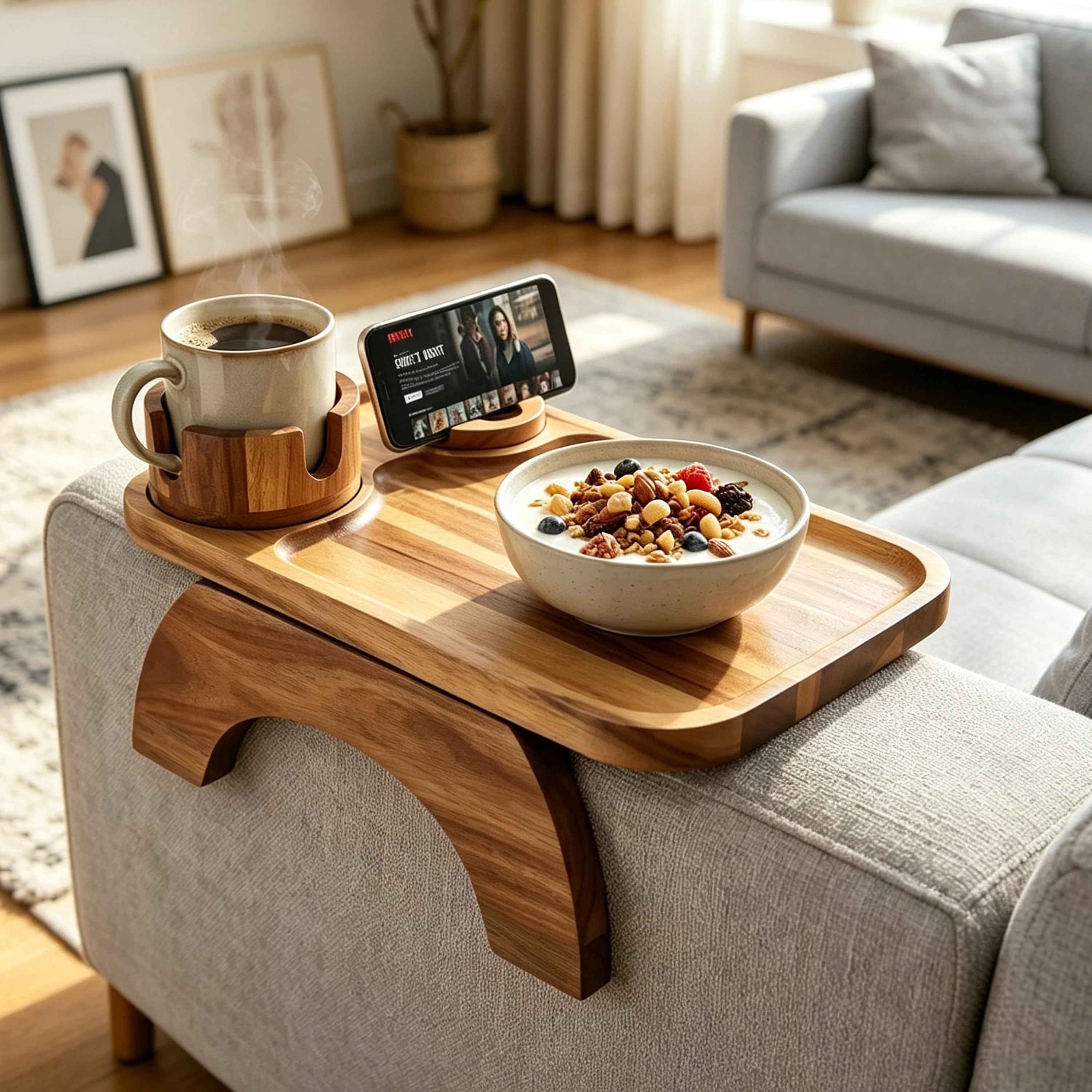 Acacia Wood Sofa Armrest Tray Couch Arm Table Organizer with 360 ° Rotating Cup Phone Holder Clip on Armrest Table Wooden Tray