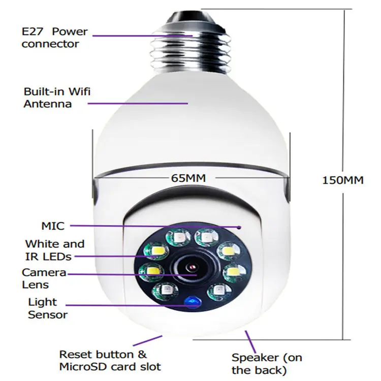 ABE HD 1080P night vision bulb camera indoor automatic tracking security baby 90 degree 360 degree camera PTZ WiFi bulb camera