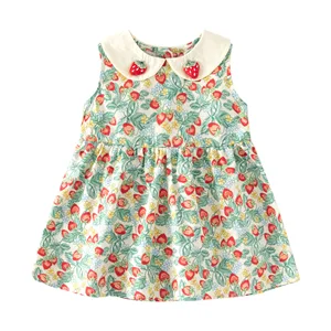 Children's Cotton Linen Cute Frilly Sleeve Embroidered Floral Short Sleeve Knee Length Dress Girls Kids Summer O-Neck Clothing