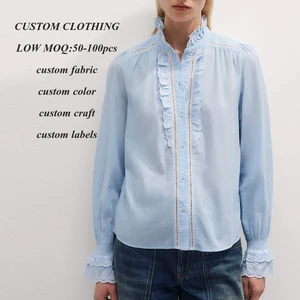 2026 Summer New Design Button up Front Long Sleeve Shirts Ladies Stand Collar Lace Trims Ruffled Blouse Women Tops