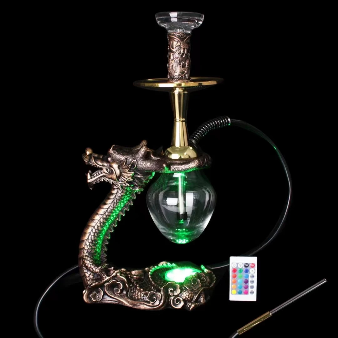 New Design Dragon Shape Hookah Set Luxury Shisha with Glass Vase Led Light Hookah Chicha Metal Shisha Dragon Hookah
