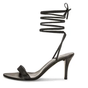 Female Wholesale Middle Ankle Wired Heels Big Size for Ladies Heeled Sandals Black Strappy Heel