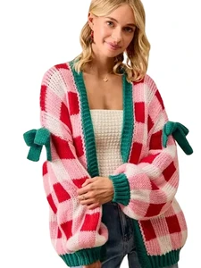 Valentine Pink Red Checker Knit Long Sleeve Bow Tie Loose Fit Plus Size Cardigan Sweater Women