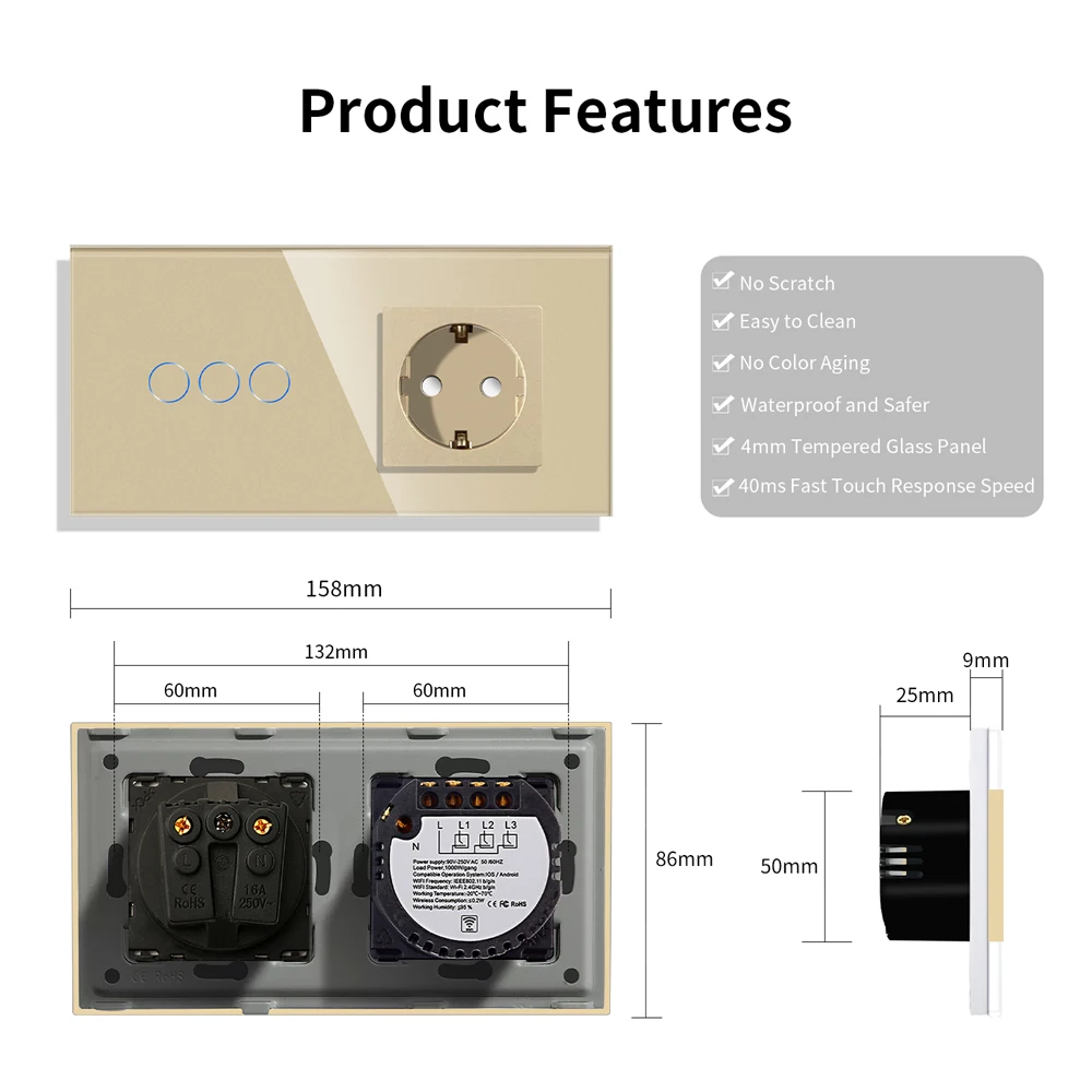 Bingoelec Eu Standard Electrical Multi Channel Tuya Smart Touch Wifi Wall Power Sockets and Switches Control Light