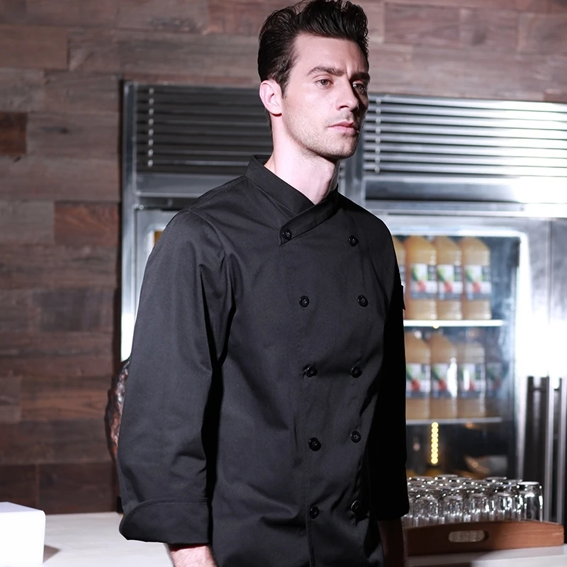 Chef Jacket Button Closure Front Pocket Long Sleeves Stand Collar Cooking Clothes Catering Kitchen Chef Uniform Custom