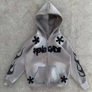 LYG Custom Sun Faded Zip up Terry Women Embroidery Tracksuits Set Oversized Flare Pants Women Rhinestone Tracksuit