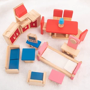 Unisex Small House Wooden Furniture Pretend Play Set Educational Preschool Toy with Color Box Packaging