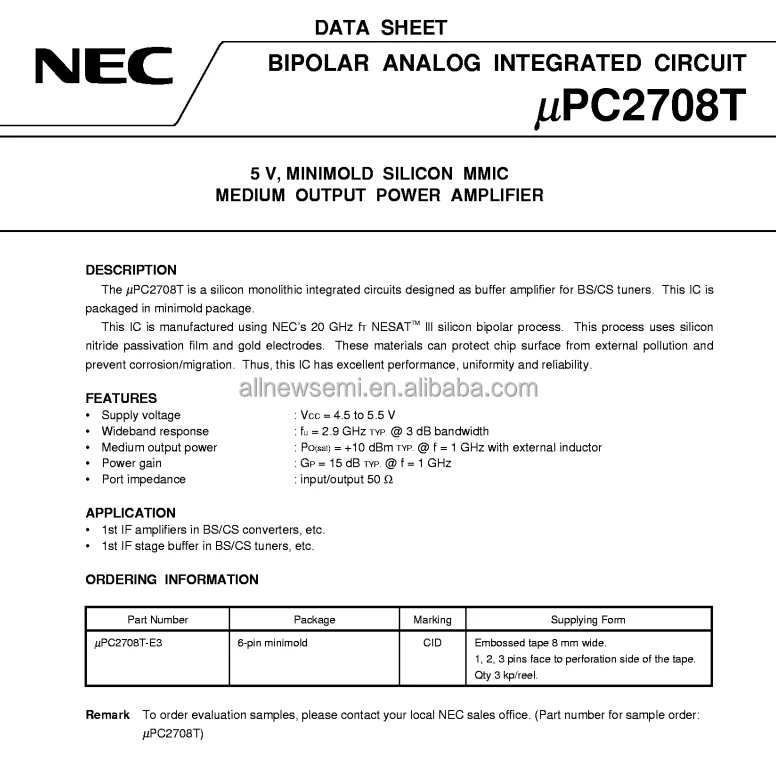 You can contact me for the best price UPC2708T RF/Microwave Amplifiers Wide Band Low Power Amplifier  6 PIN Hot sale Original