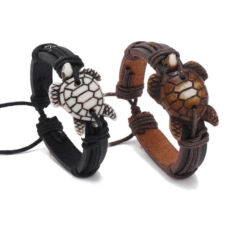 2 Vintage Handmade Braided Leather Turtle Bracelets - Adjustable Unisex Sea Creature Bracelet Set - View #6