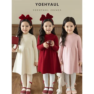 YOEHYAUL D3472 Anti-pilling Kids Knit Dress Long Sleeve Winter Dress for Kids Toddler Solid Turtleneck Girls Sweater Dress
