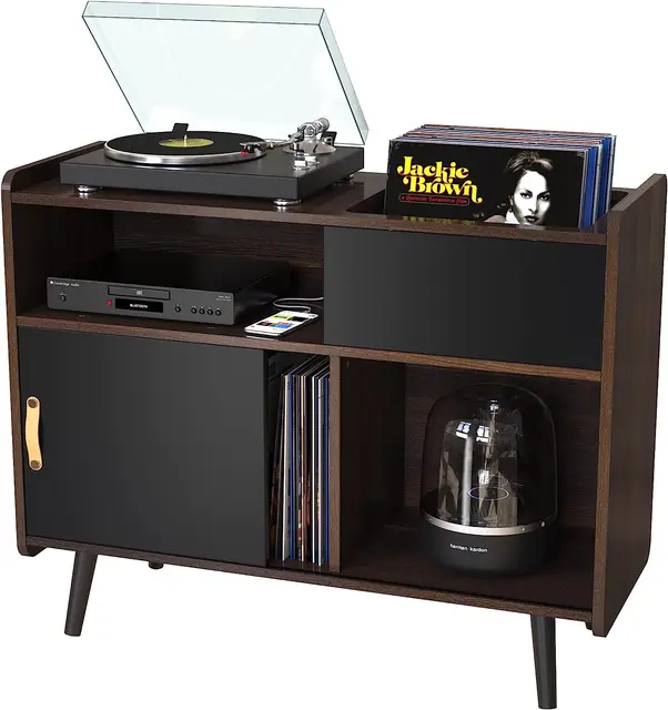 Large Record Player Stand Table Holds up to 350 Albums Vinyl Record Storage Cabinet with Power Outlet Holds up to 350 Albums