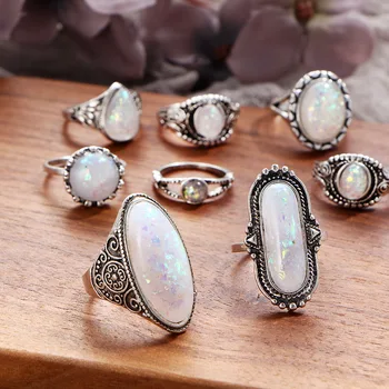 Komi Oval Opal Stone Rings Set For Women Vintage Look Antique Silver 5 Colors Fashion Retro Jewelry