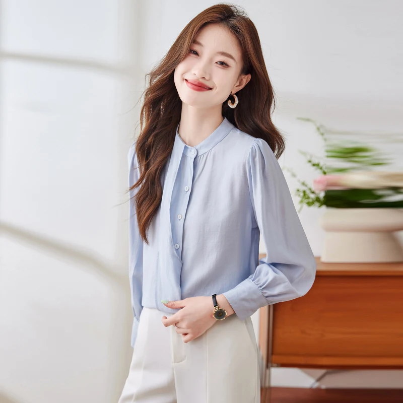 Women's Long Sleeved Satin Chiffon Pullover Top Blouse Korean