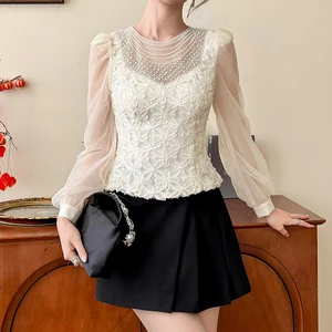 ZYHT 11671 Floral Embroidery Blouse with Pearl-Trimmed Neckline Long Sleeve Blouses Ruffled Hem Dressy Top