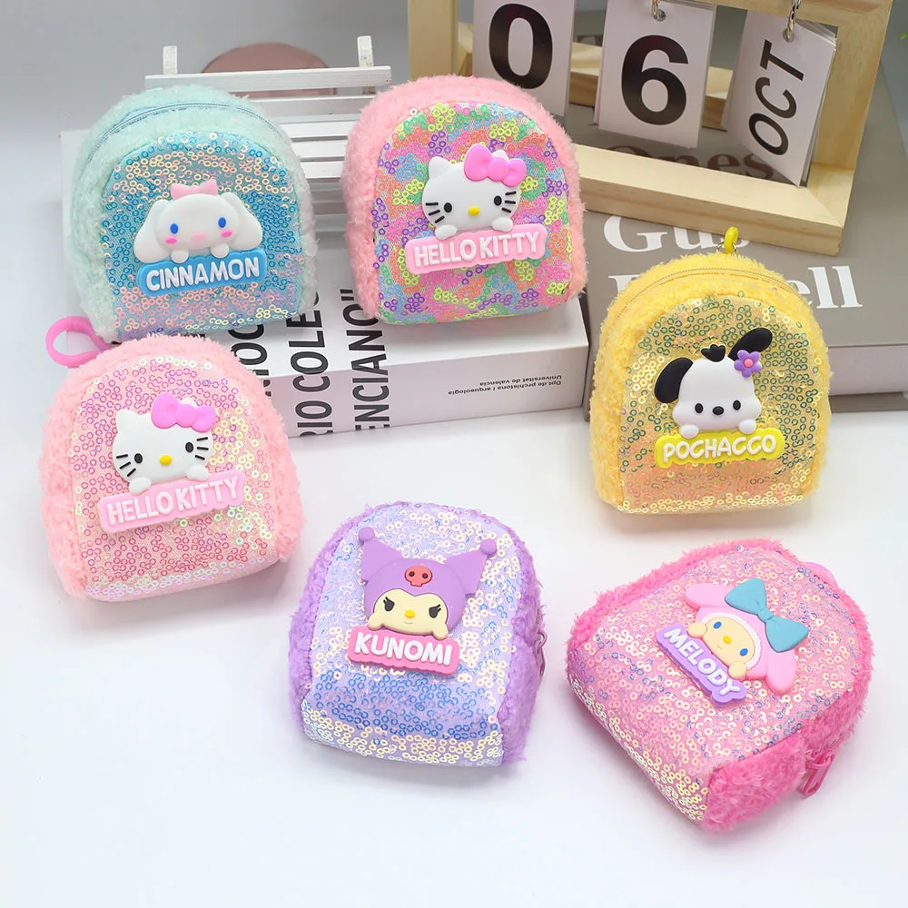 New Colorful Sequin Plastic Coin Purse Cartoon Cute Mini Children's Plush Foldable Hook Loop Closure Keychain Pendant Earphone