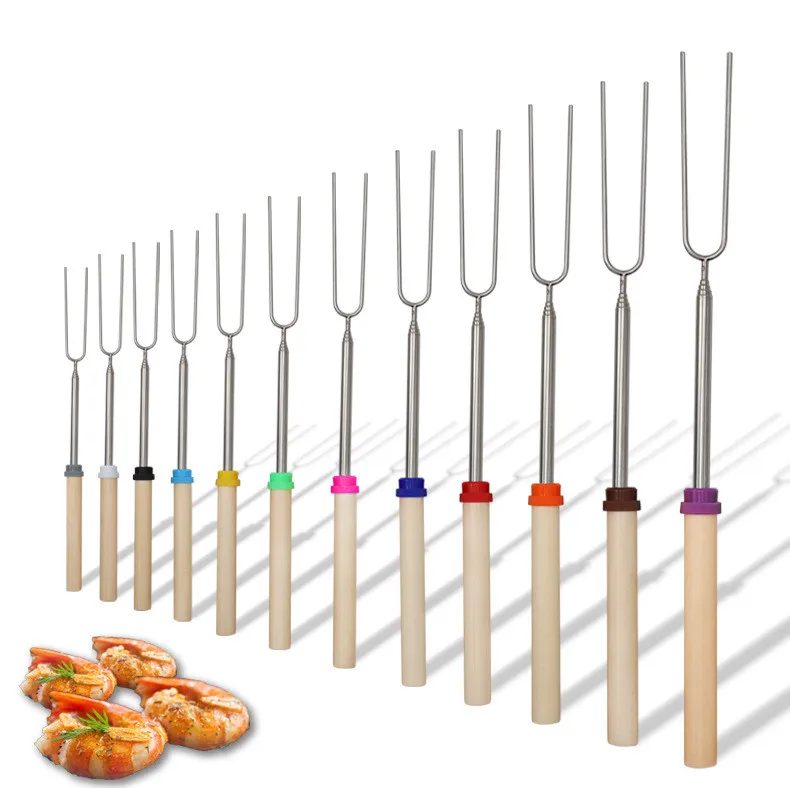 BBQ Forks Stainless Steel Smore Skewers With Wooden Handle Telescoping Smores Roasting Sticks for Fire Pit details
